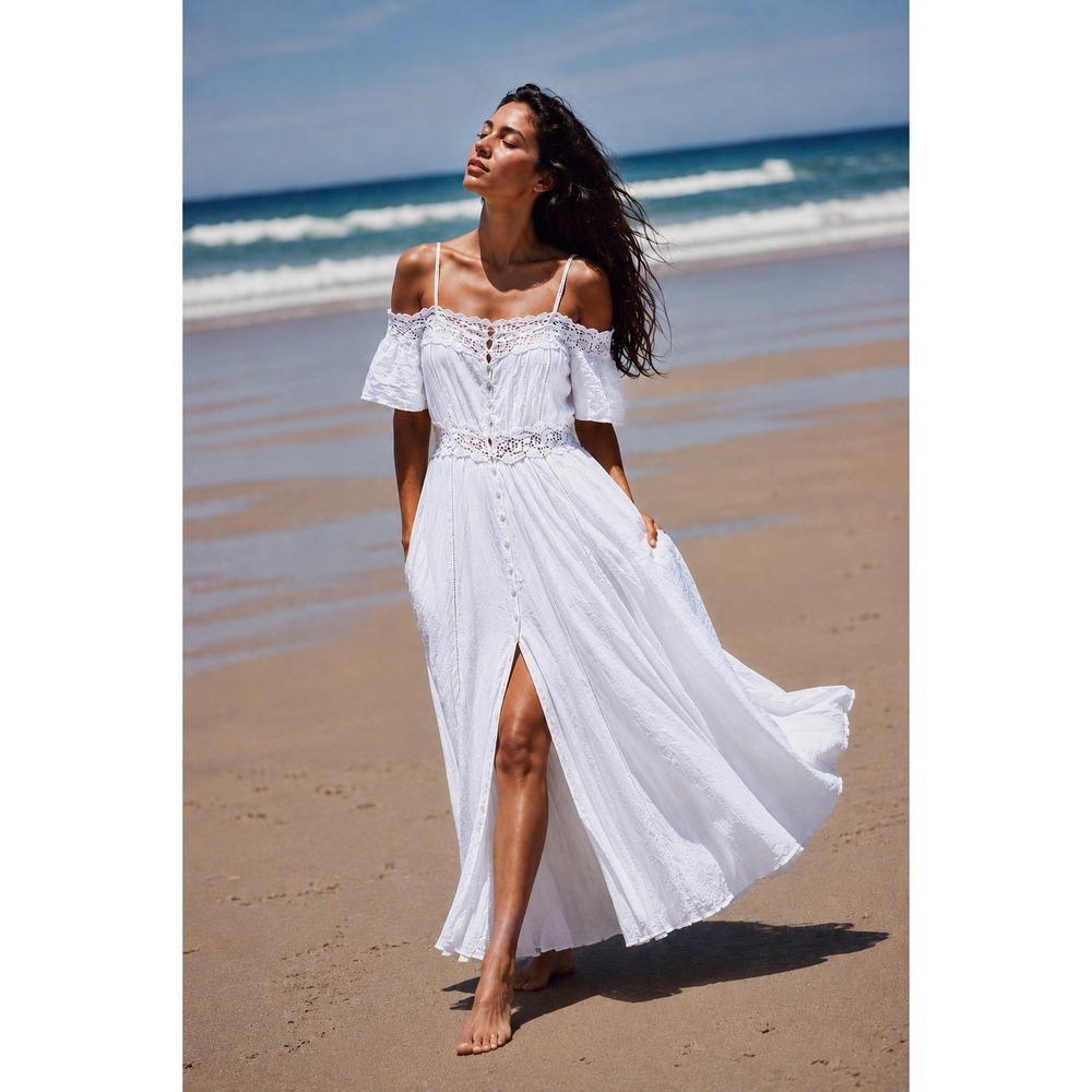 Zara White Lace Boho Romantic Maxi Dress L Off Shoulder Crochet Cover Up Duster